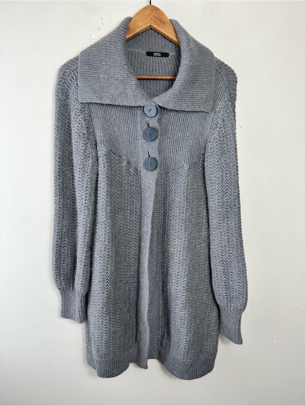 Marks & Spencer Grey Wool Alpaca Blend Cardigan Thick Knit Sweater US Size 12